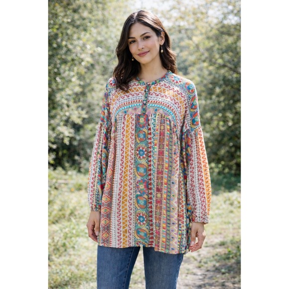 Johnny Was Multicolor Boho Patchwork Long Sleeve Tunic Top XL